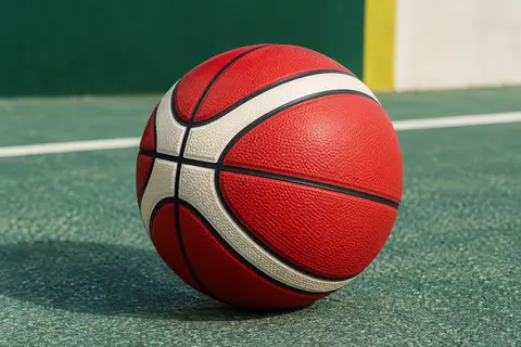Ballon de basket rouge en caoutchouc posé sur un terrain extérieur, avec ses rainures et panneaux contrastés visibles.