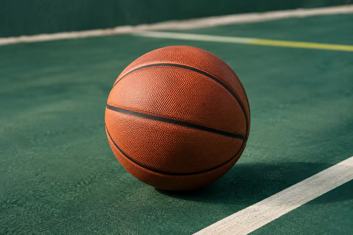 Ballon de basket marron Wilson NBA Authentic taille 7 posé sur un sol de terrain sobre