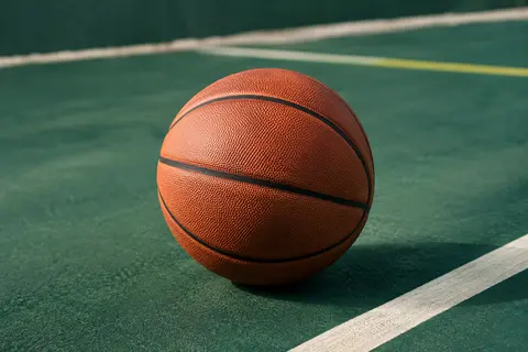 Ballon de basket marron Wilson NBA Authentic taille 7 posé sur un sol de terrain sobre