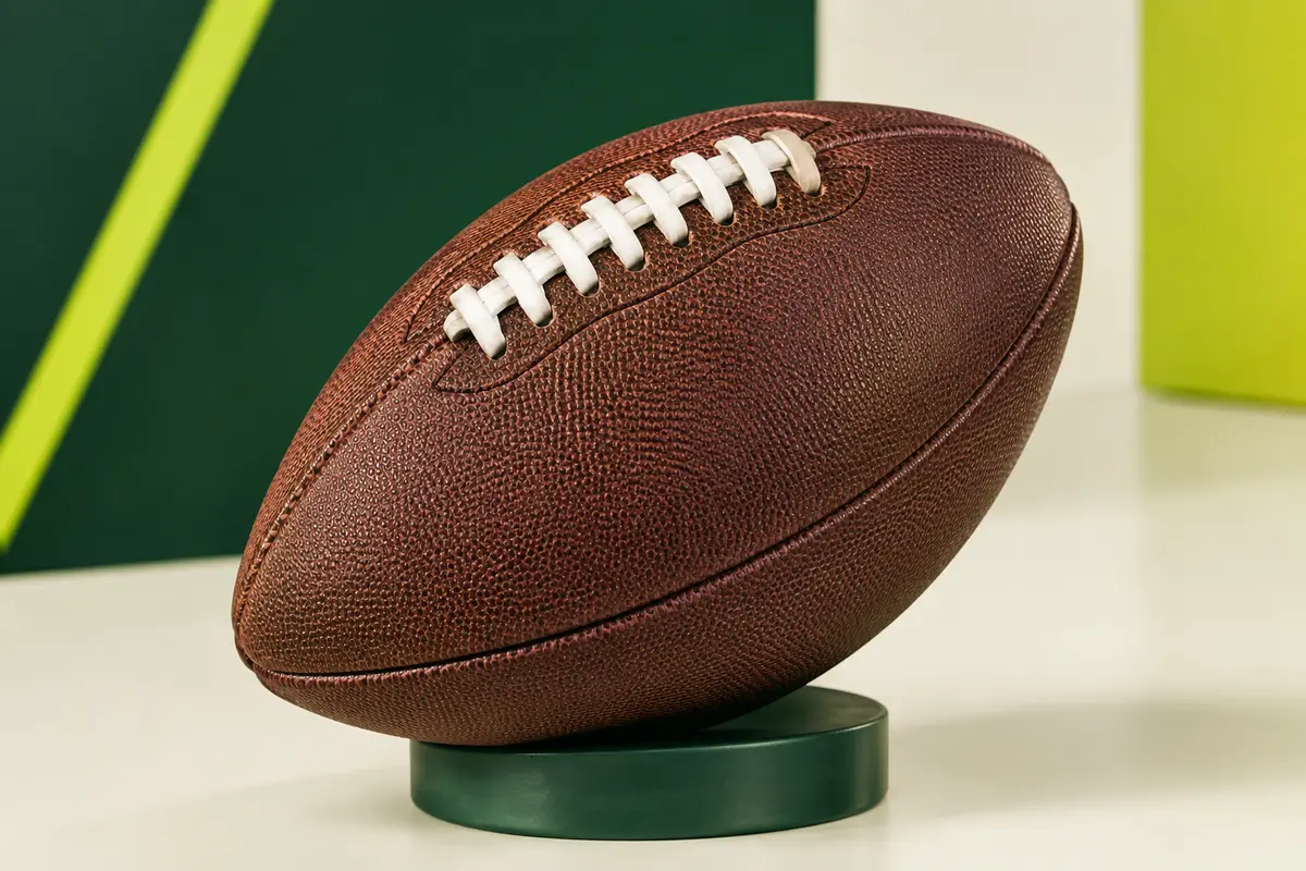 Ballon de football américain marron à surface texturée, photographié sur un fond de studio sportif sobre.