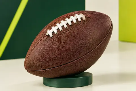 Ballon de football américain marron à surface texturée, photographié sur un fond de studio sportif sobre.