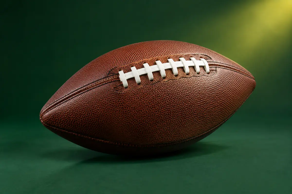 Ballon de football américain Wilson brun à double couture présenté seul sur un fond vert de studio