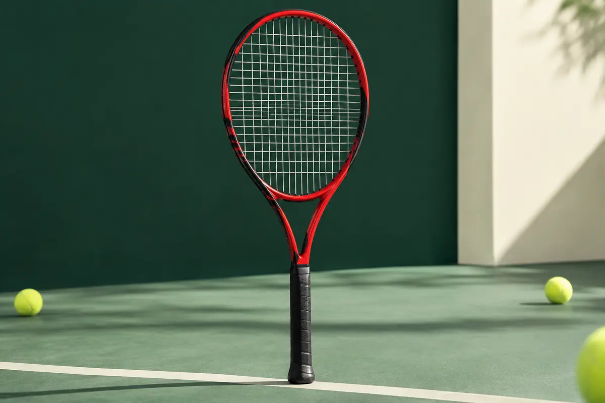 Raquette de tennis Wilson Federer rouge et noire, cordée, présentée seule sur un fond vert sobre.