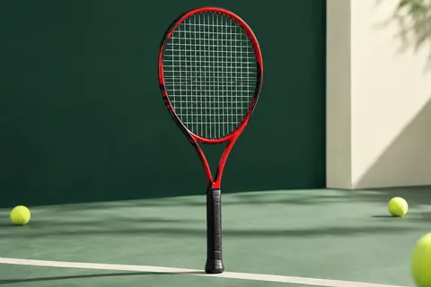 Raquette de tennis Wilson Federer rouge et noire, cordée, présentée seule sur un fond vert sobre.