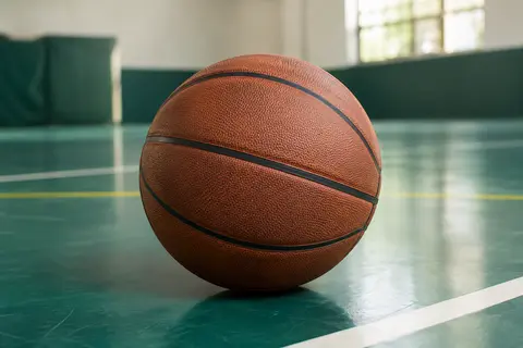 Ballon de basket marron Wilson Reaction Pro taille 6 posé sur un sol sportif sobre