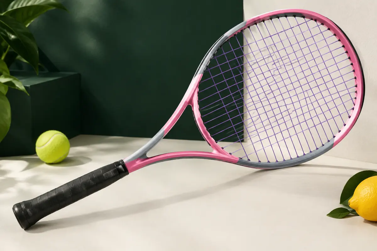 Raquette de tennis adulte rose et grise avec cordage violet, présentée sur un fond de studio vert profond.