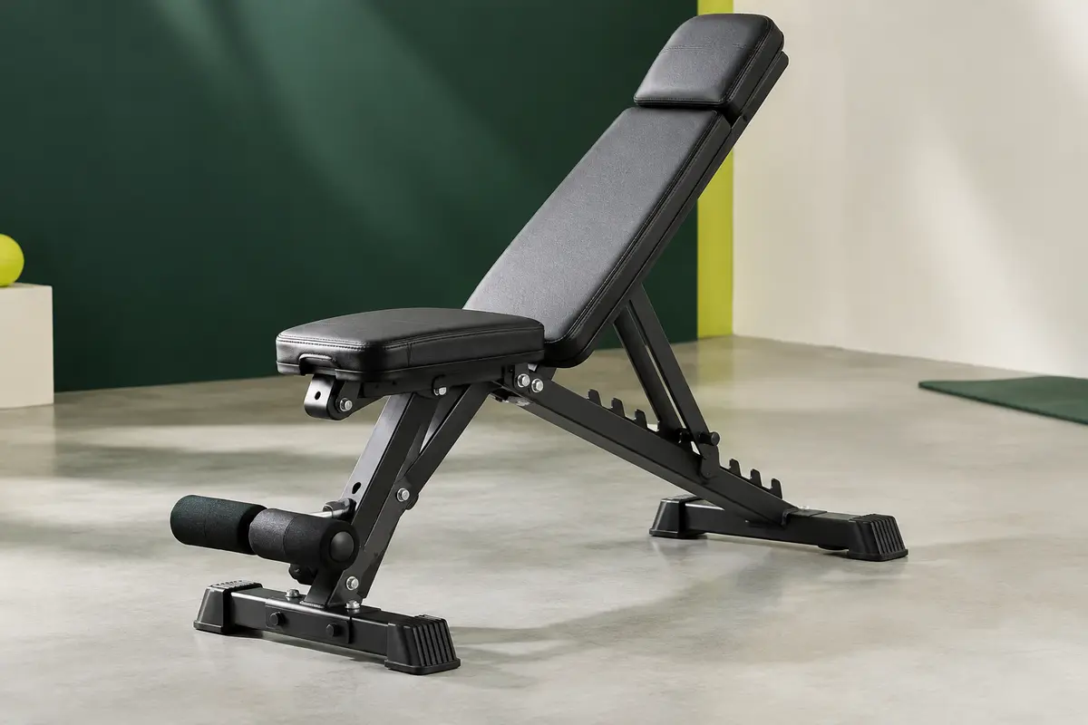 Banc de musculation YOLEO noir avec dossier réglable, assise rembourrée et cadre métallique pliable.