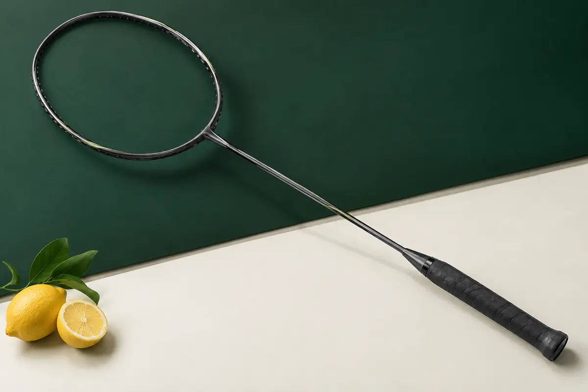 Raquette de badminton en graphite à tête isométrique, présentée non cordée sur un fond sportif sobre.