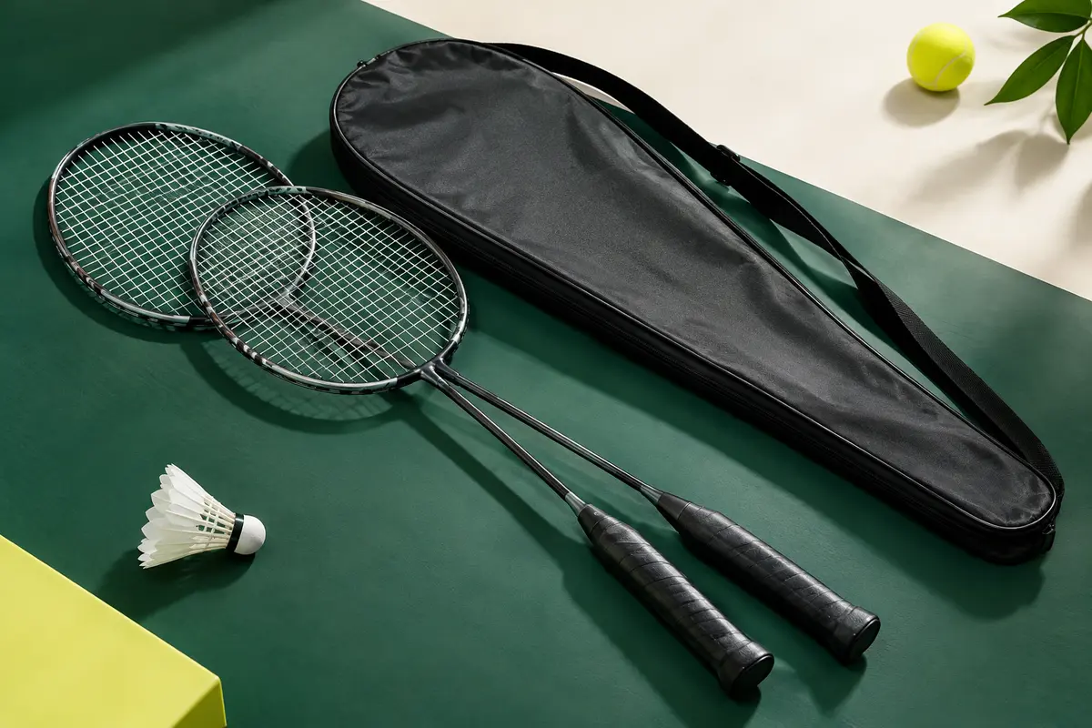 Deux raquettes de badminton cordées accompagnées d’une housse complète sur un fond de studio sportif