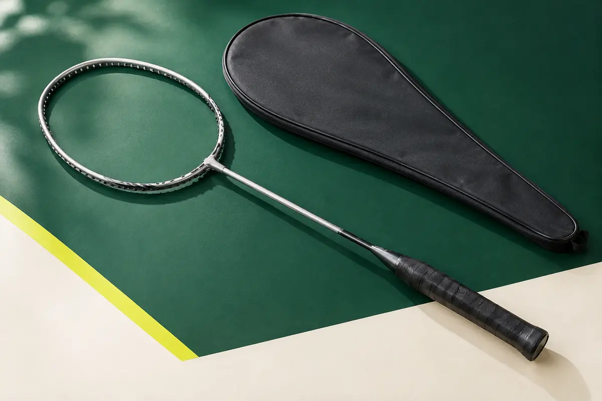 Raquette de badminton Yonex GR 303 non cordée à tête isométrique, avec cadre en aluminium et couvre-tête.