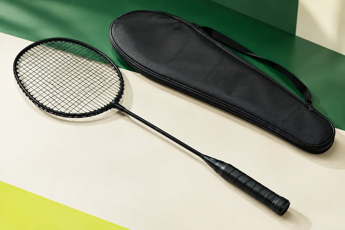 Raquette de badminton noire à tête isométrique avec cordage installé et housse posée à côté