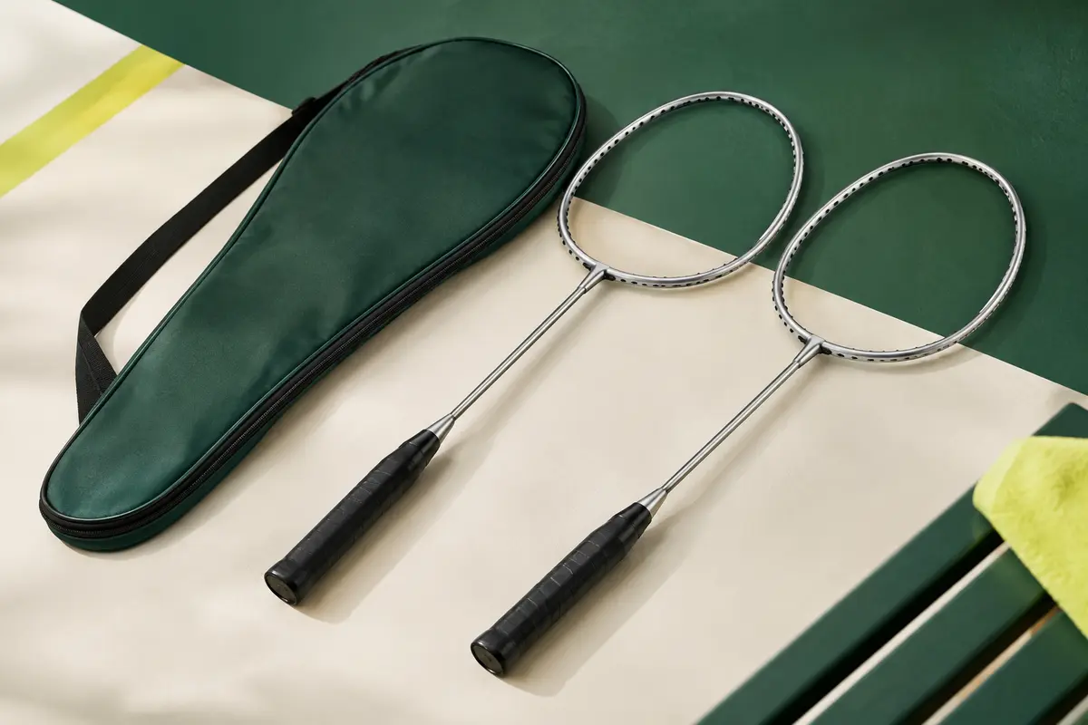 Deux raquettes de badminton en aluminium avec leur housse, présentées sur un fond sportif vert et blanc.