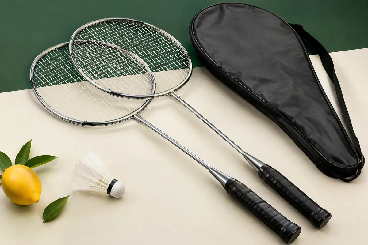 Deux raquettes de badminton en aluminium pré-cordées avec leur housse intégrale sur un fond de studio sobre.
