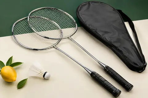 Deux raquettes de badminton en aluminium pré-cordées avec leur housse intégrale sur un fond de studio sobre.