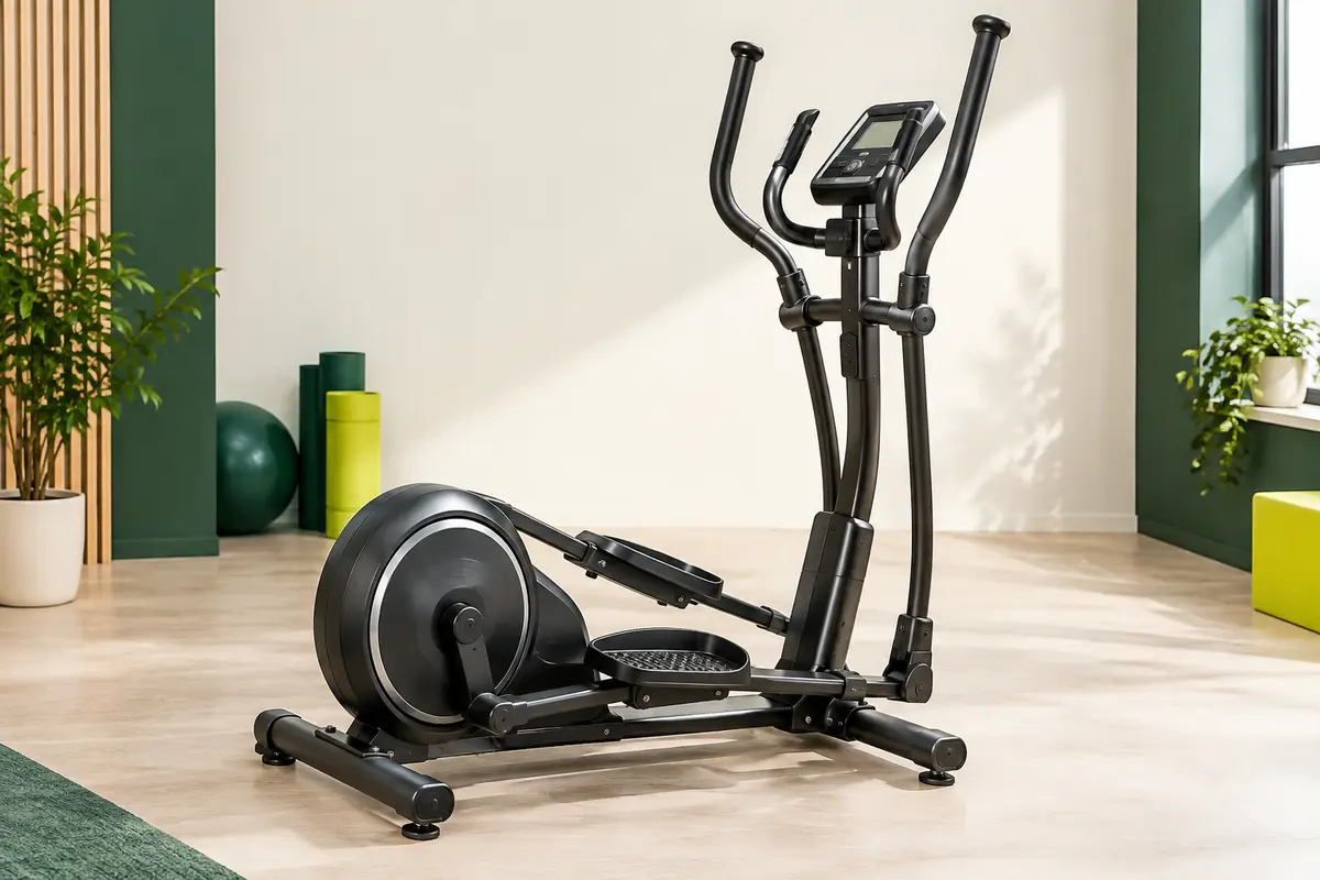 Vélo elliptique YOSUDA noir avec écran LCD, pédales et roulettes, présenté dans un studio clair