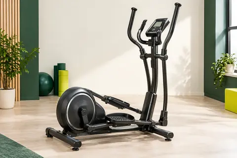 Vélo elliptique YOSUDA noir avec écran LCD, pédales et roulettes, présenté dans un studio clair