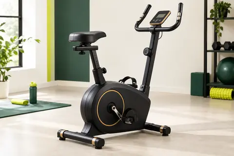 Vélo d’appartement ZIPRO One S noir et or avec selle réglable et écran LCD, présenté en studio.