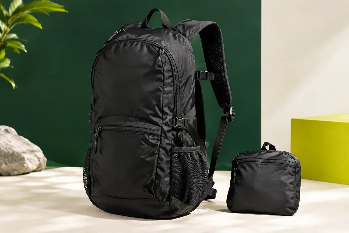 Sac à dos pliable noir en nylon, présenté ouvert avec son format compact replié à côté.